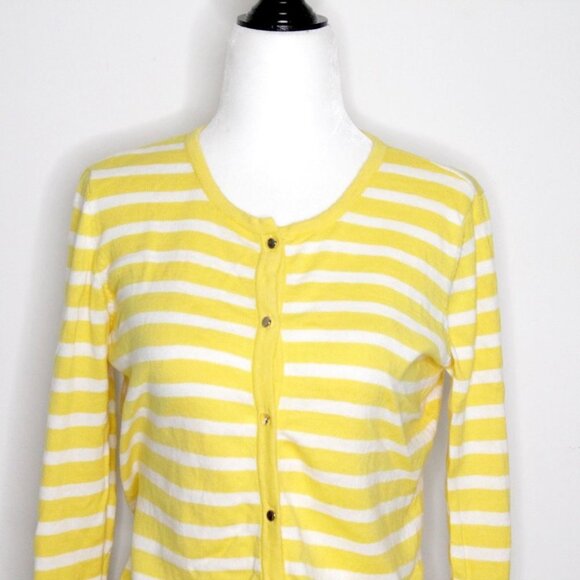 Liz Claiborne 100%  Cotton Yellow White Stripe Cardigan Sweater Size S - Picture 4 of 16